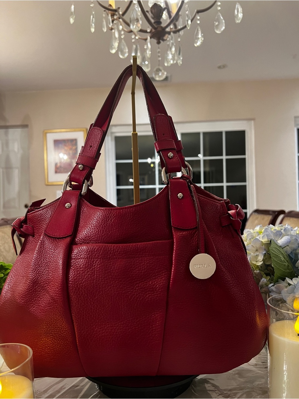 Furla Deep Red Pebbled Leather Shoulder Bag